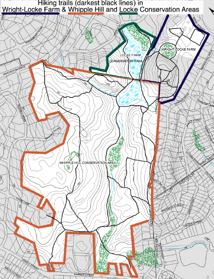 Map of trails at Wright-Locke Farm and the Locke Farm and Whipple Hill Conservation Areas